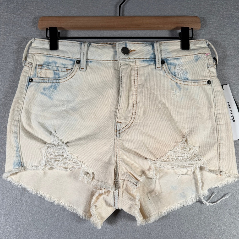 True Religion Caia Ultra High Rise Distressed Denim Shorts White Whisper 29W